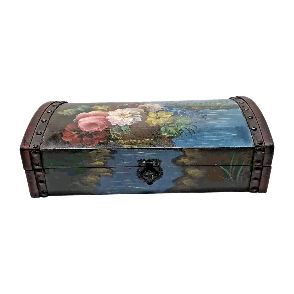Vtg Hand-Painted Wooden Trinket/Jewelry Box Floral Design Humpback Lid Lined